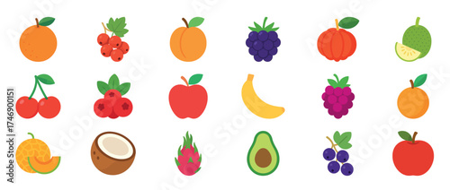 Colorful array of diverse fruits featuring apples, bananas, and berries