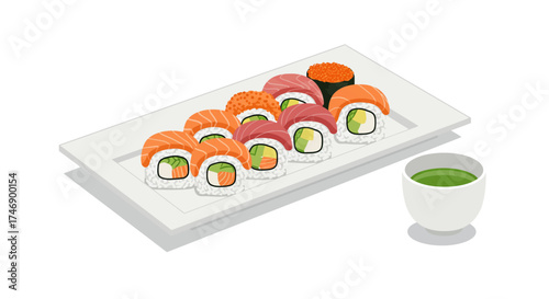 A plate of assorted sushi rolls next to a cup of green tea