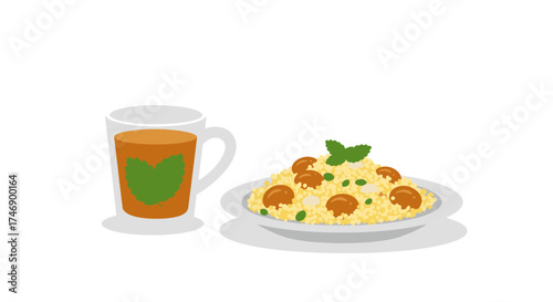 A plate of couscous with meatballs next to a glass of mint tea