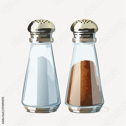 Illustrated pair of classic glass salt and pepper shakers for seasoning, shown as a matching set for a dining table