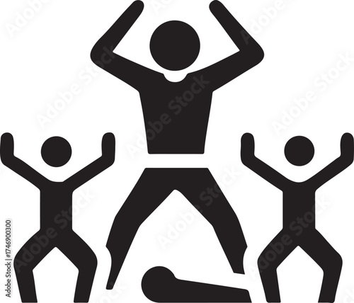 Silhouette of people exercising jumping with arms raised in unison