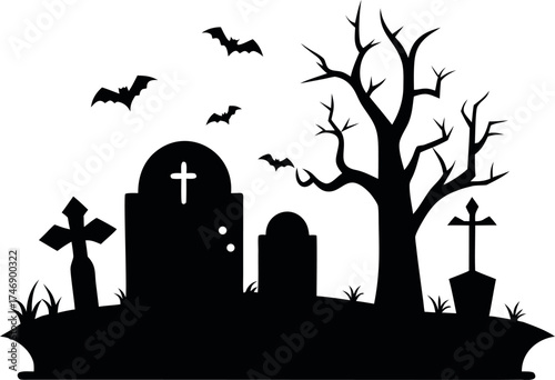 Haunted Graveyard with Crooked Tombstones, Creepy Halloween Night Vector Illustration