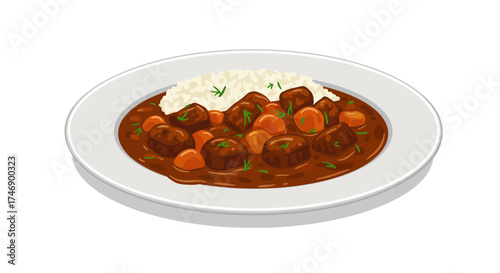 A plate with beef stew carrots and rice garnished with herbs