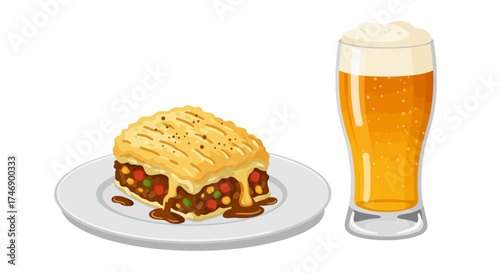 A shepherds pie slice on a plate next to a glass of lager