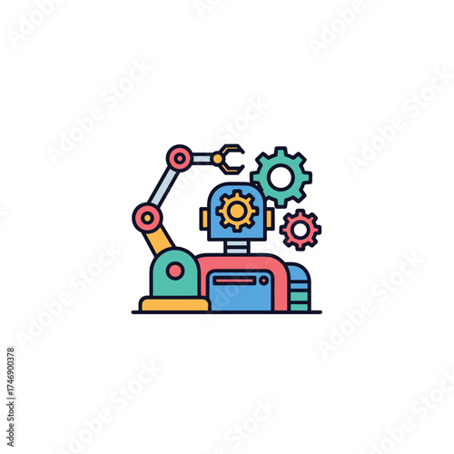 A colorful vector illustration depicts a robotic arm and a robot head with gears, symbolizing automation, technology, and industry in a clean, modern style.