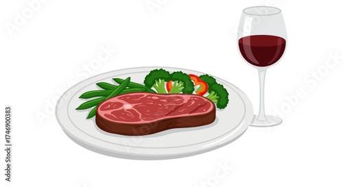 A steak on a plate with green beans broccoli peppers and a glass of red wine next to it