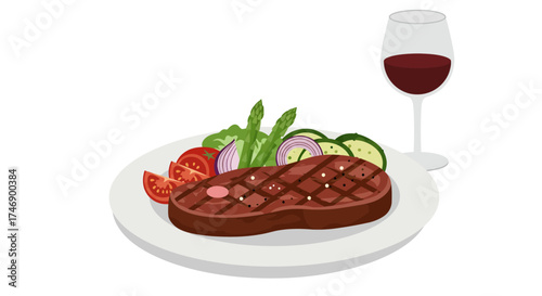 A steak dinner on a plate with salad and red wine in a glass beside it