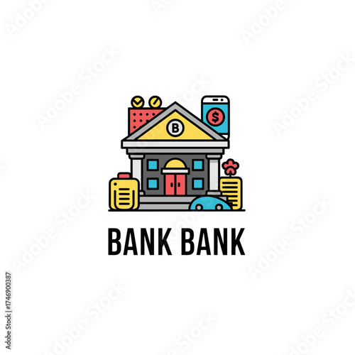 An illustrative bank building icon, featuring a colorful design with financial elements such as mobile banking, money, and documents, perfect for business and finance concepts.