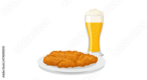 Beer mug with foam alongside schnitzel on a plate