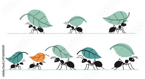 A line of ants carrying leaves across a white background.

