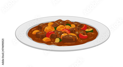Brown stew filled with meat carrots tomatoes zucchini on a white plate