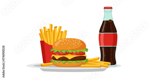 Burger fries  soda bottle meal on a white background