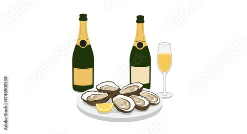 Champagne bottles oysters on a plate with lemon and a champagne glass