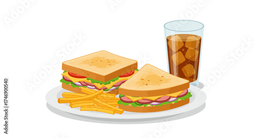 Cartoonstyle meal two sandwiches fries and iced drink on a white plate