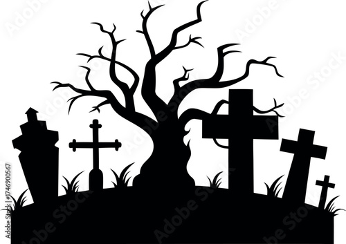 Haunted Cemetery with Crooked Tombstones, Spooky Halloween Graveyard Vector Illustration