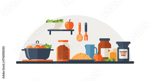 A flat illustration depicts a kitchen shelf filled with various cooking essentials, including pots, jars of food, utensils, and fresh ingredients, creating a visually appealing design.