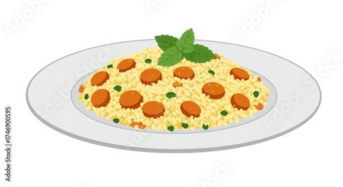 Couscous dish on a plate with sliced sausage  mint leaves