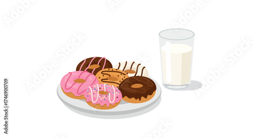 Donut assortment on plate beside glass of milk against white background