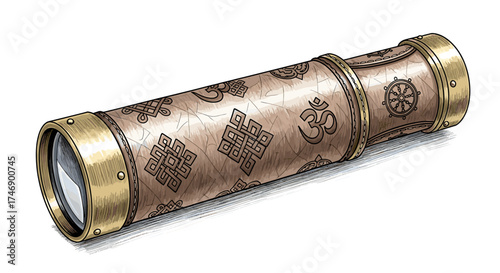 Decorative Artistic Monocular With Golden Accents And Religious Symbolism