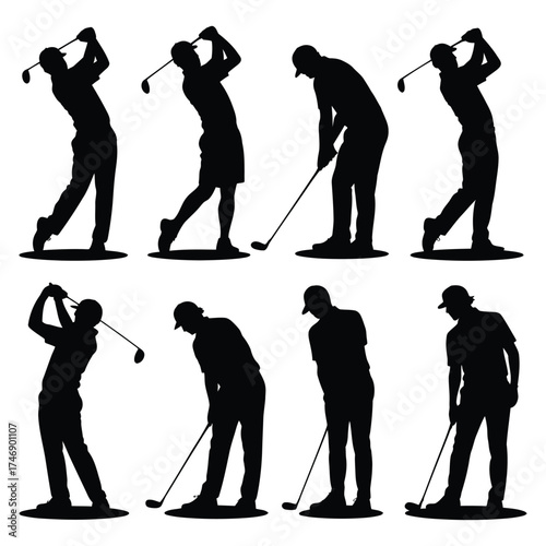 Golf Player Silhouettes Vector Illustration of Men and Women Swinging Clubs