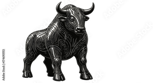Ornate Metal Bull Statue with Intricate Engraved Designs Isolated