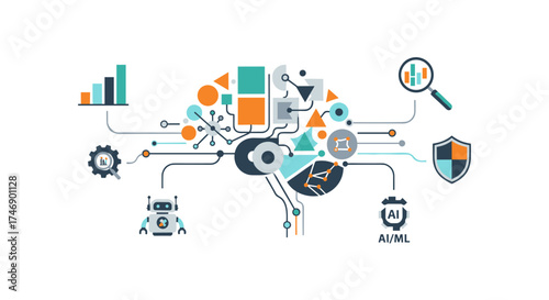 A vibrant illustration depicts a conceptual representation of artificial intelligence, data analysis, and technological advancements, showcasing interconnected elements and futuristic concepts.
