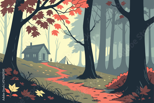  moody dark forest, sunlight shining through trees, small cabins or tents in a clearing, autumn leaves, atmospheric landscape, digital art, fantasy, cinematic, highly detailed, vibrant colors