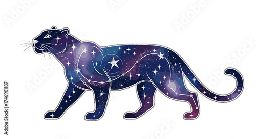 Celestial Panther: A Cosmic Feline Illustration Against a White Background