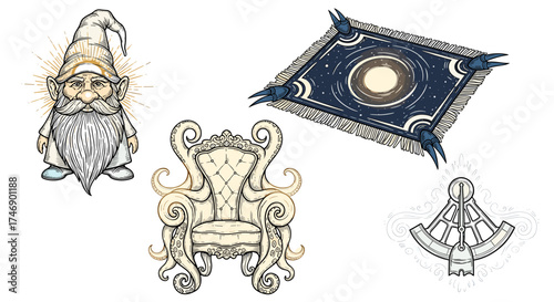 Fantasy Icons: Gnome, Octopus Chair, Magic Carpet, and Sextant Set