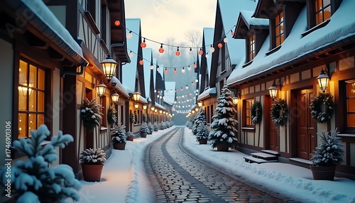 Charming winter street with festive decorations and snow-covered houses at twilight