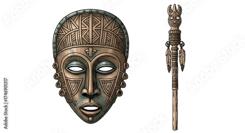 Artistic rendering of a ceremonial African mask and a decorated scepter