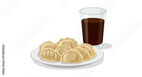Dumplings on a plate alongside a dark soda in a glass