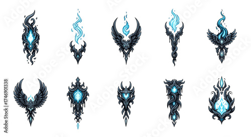 Fantasy Tattoo Designs: Striking Set with Blue Flames and Dark Ornaments
