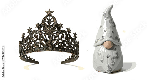 Regal Crown and Whimsical Gnome on a Clean White Backdrop
