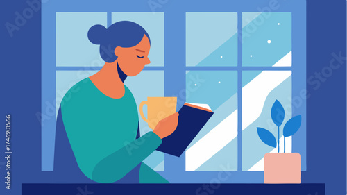 A serene moment of a person sipping coffee while reading a book with soft morning light streaming through a nearby window.