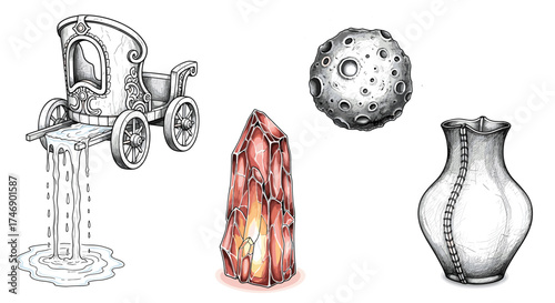 Fantastical objects: Carriage, crystal, moon, and vase in imaginative digital art