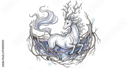 Mystical Kirin Leaping Through Celestial Roots with Moonlit Antlers