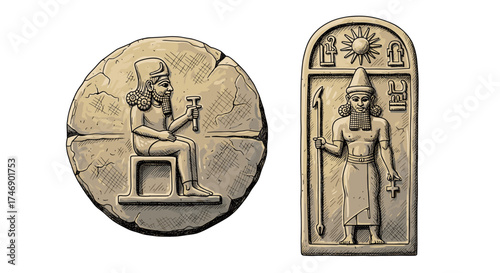 Ancient Mesopotamian Art Featuring Seated King and Standing Figure Carvings