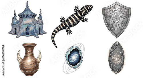 Collection of Mystical Elements: Illustration of Fantasy Items on White