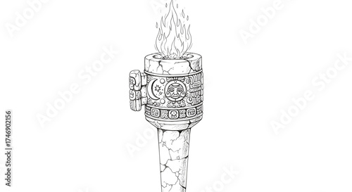 Mystical ancient Aztec torch with burning flame illustration design.