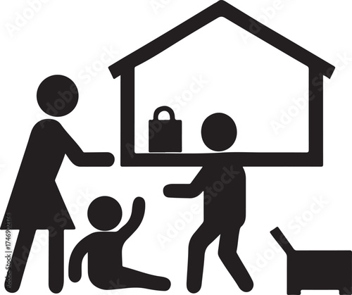 Family silhouette inside a house with a shopping bag and open box