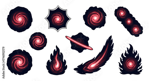 Galaxy Inspired Shapes with Red Swirls and Sparkling Starry Centers