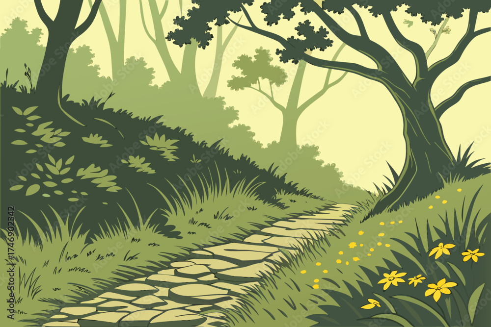 Fototapeta premium a pathway through a lush green forest, detailed rocky path winding through tall grass and wildflowers, dappled sunlight filtering through the canopy of trees, serene and tranquil atmosphere, vibran