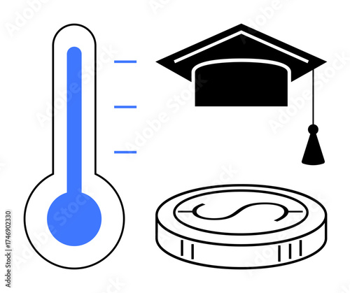 Thermometer indicating progress, graduation cap symbolizing education, and coin representing donations. Ideal for fundraising, education investment, financial goals, charity, support, achievement
