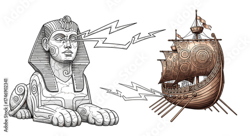 Sphinx and a Viking Ship Engage in a Strange Lightning Battle