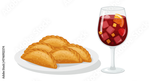 Empanadas rest on a plate beside a wine glass filled with sangria creating a food and drink pairing scene