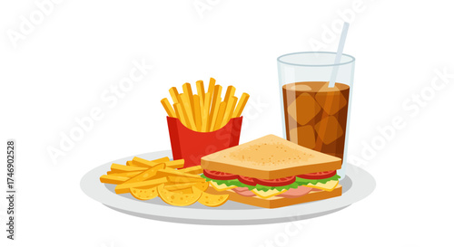 Food platter with sandwich fries in red carton scattered fries soda in glass with straw