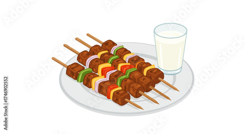 Four shish kebabs and a glass of milk are on a white plate