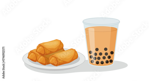 Four spring rolls on a plate sit beside a glass of boba tea