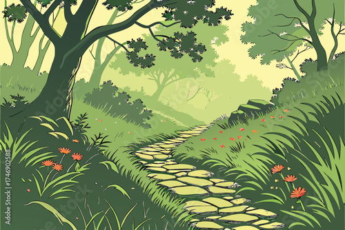  a pathway through a lush green forest, detailed rocky path winding through tall grass and wildflowers, dappled sunlight filtering through the canopy of trees, serene and tranquil atmosphere, vibran